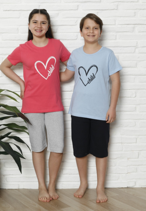 Pijama Copii cu maneca scurta si pantalon 3/4, culoare Coral si Albastru deschis,Engros